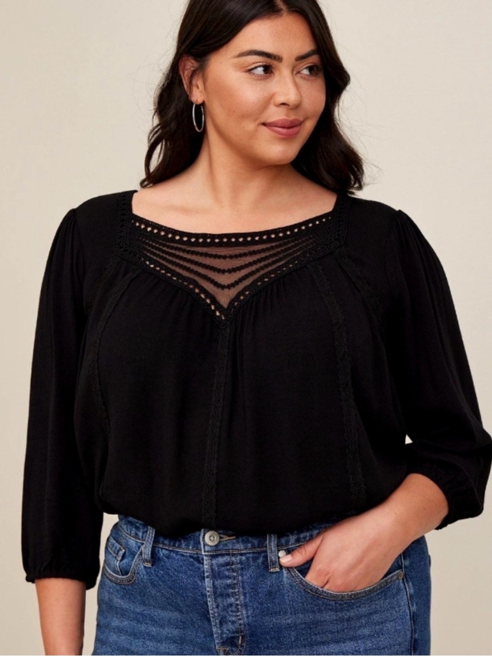 Womens Torrid Black‎ Blouse Embroidered Lace Sheer Mesh Top 3/4 Sleeve Size 0